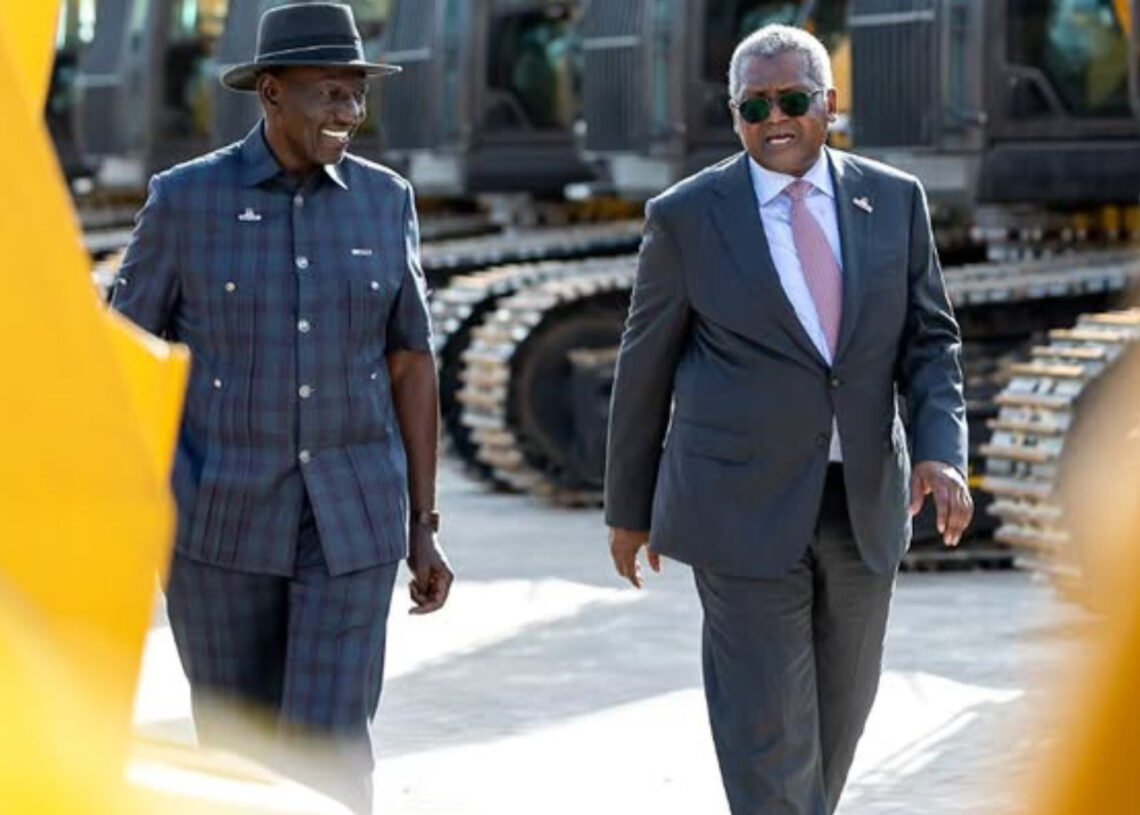 President William Ruto walks with Aliko Dangote in Lamu during an inspection of the Dangote refinery project