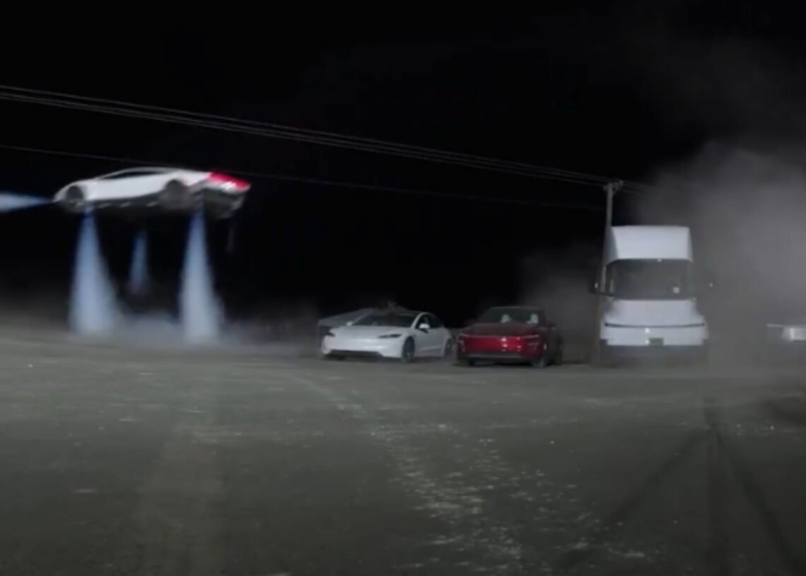 Tesla Roadster with rocket-assisted technology designed for brief aerial maneuvers