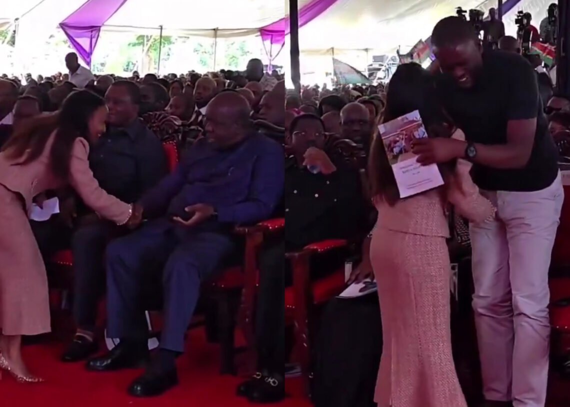 Edwin Sifuna stands to greet Njeri Maina during Martha Karua’s father’s funeral