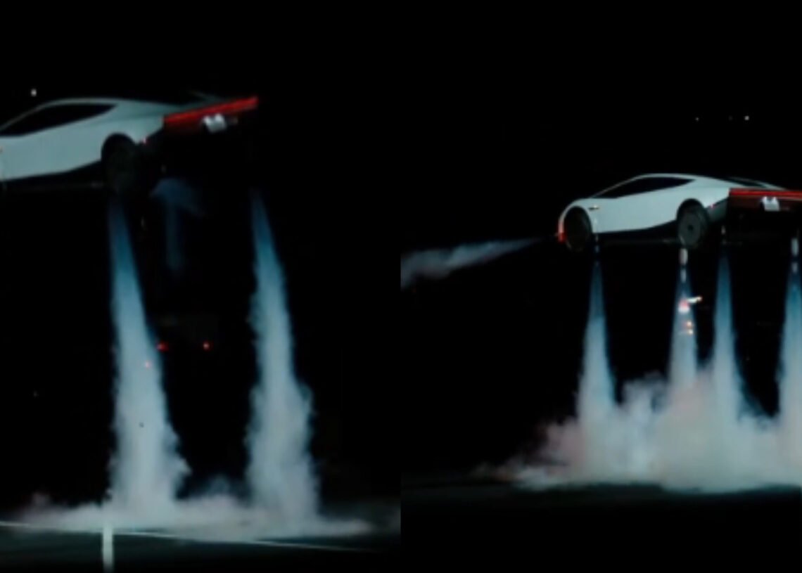Tesla Roadster demonstrating its rocket-powered flying capabilities